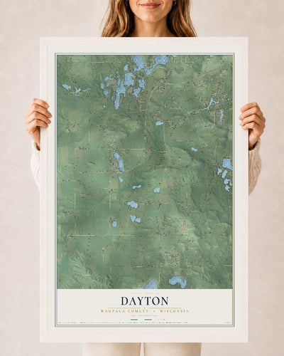 Map of Dayton, Waupaca County, Wisconsin, 24 x 36 inch print in a white wood frame