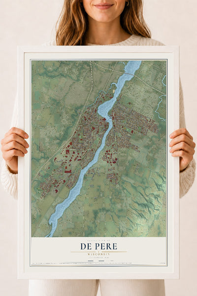 Map of De Pere, Wisconsin, 18 x 24 inch print in a white wood frame