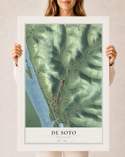 Map of De Soto, Wisconsin, 24 x 36 inch print in a white wood frame
