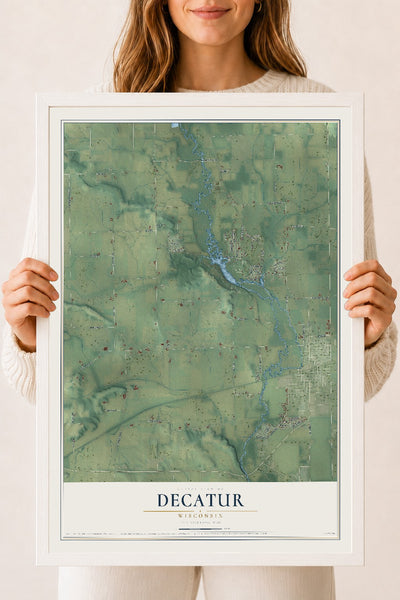 Map of Decatur, Wisconsin, 18 x 24 inch print in a white wood frame
