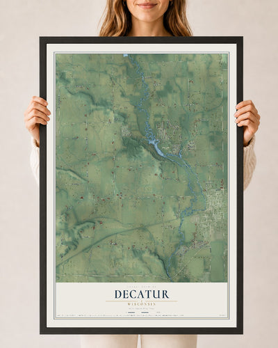 Map of Decatur, Wisconsin, 24 x 36 inch print in a black wood frame