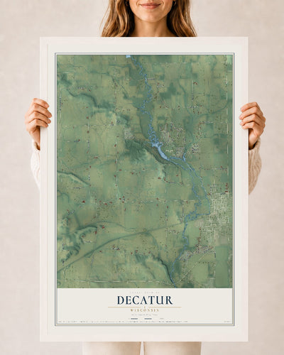 Map of Decatur, Wisconsin, 24 x 36 inch print in a white wood frame