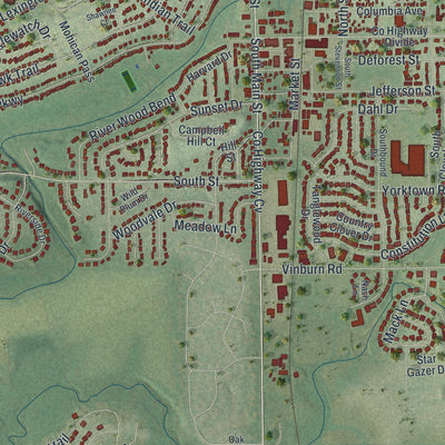 Close-up of the map of DeForest, Wisconsin print showing street and building detail