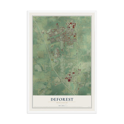 Map of DeForest, Wisconsin, 12 x 18 inch print in a white wood frame