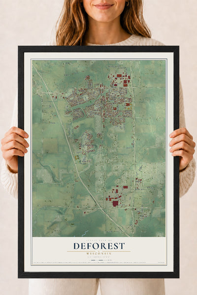 Map of DeForest, Wisconsin, 18 x 24 inch print in a black wood frame