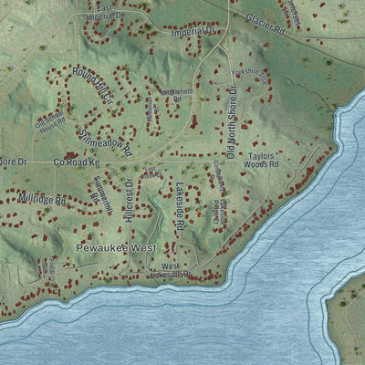 Second close-up of the map of the Town of Delafield, Wisconsin print showing more streets and buildings