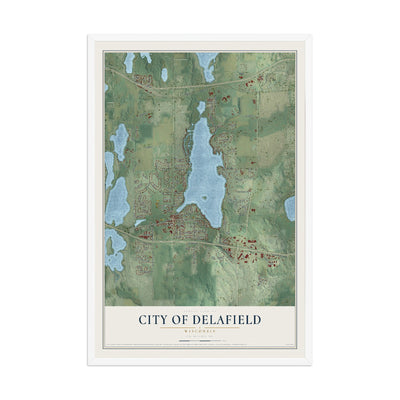 Map of Delafield, Wisconsin, 12 x 18 inch print in a white wood frame