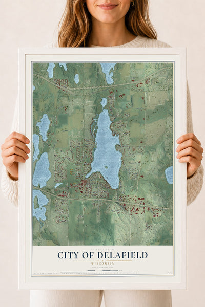 Map of Delafield, Wisconsin, 18 x 24 inch print in a white wood frame