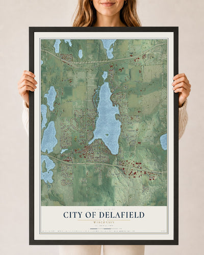 Map of Delafield, Wisconsin, 24 x 36 inch print in a black wood frame