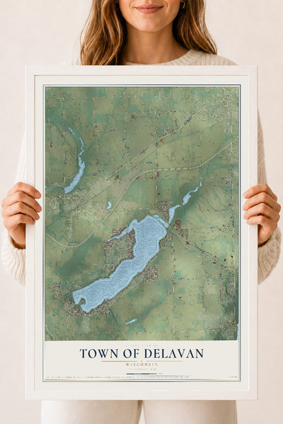 Map of the Town of Delavan, Wisconsin, 18 x 24 inch print in a white wood frame