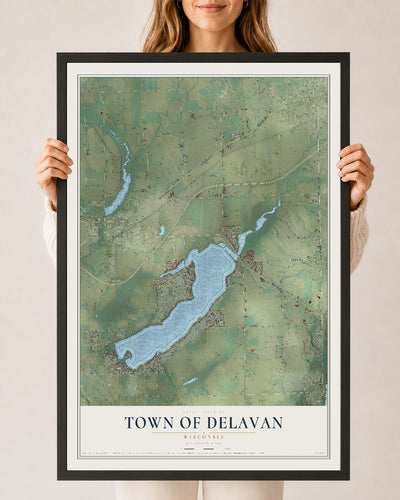 Map of the Town of Delavan, Wisconsin, 24 x 36 inch print in a black wood frame