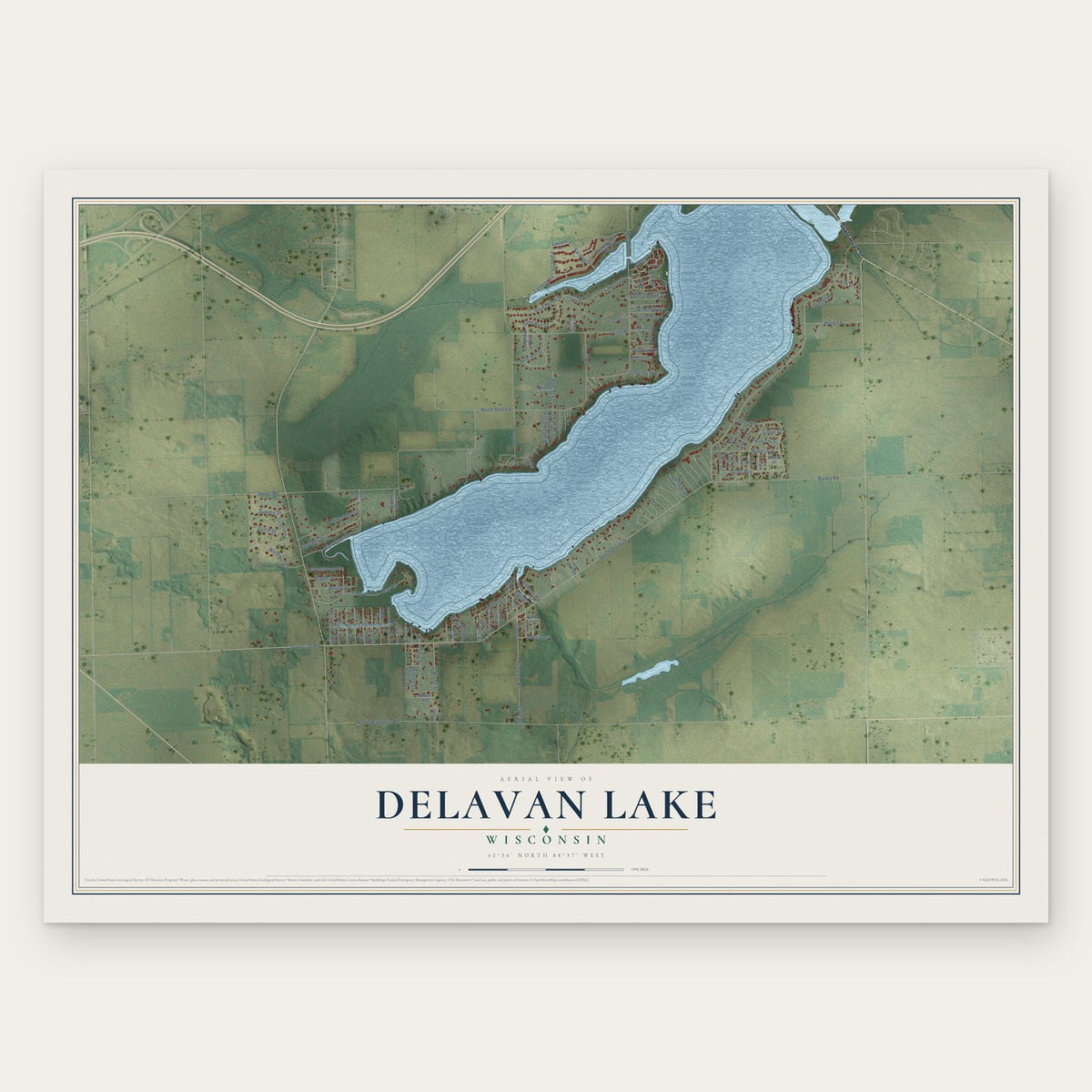 Delavan Lake, Wisconsin map print, the full design