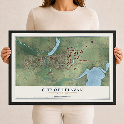 Map of Delavan, Wisconsin, 12 x 18 inch print in a black wood frame