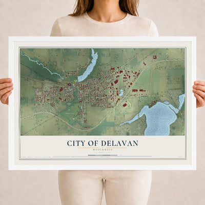 Map of Delavan, Wisconsin, 18 x 24 inch print in a white wood frame