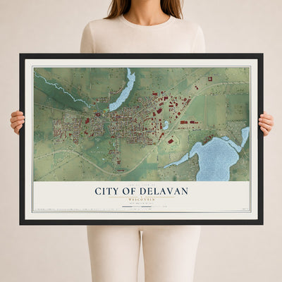 Map of Delavan, Wisconsin, 24 x 36 inch print in a black wood frame