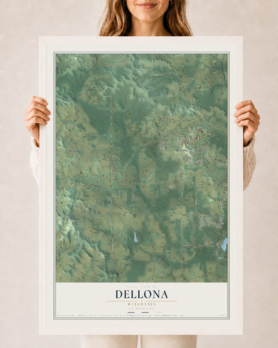 Map of Dellona, Wisconsin, 24 x 36 inch print in a white wood frame