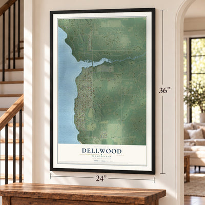 Dellwood, Wisconsin map, 24 x 36 inch print in a black frame by a staircase