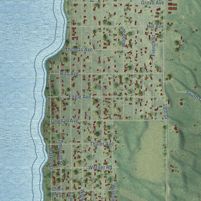 Close-up of the map of Dellwood, Wisconsin print showing street and building detail