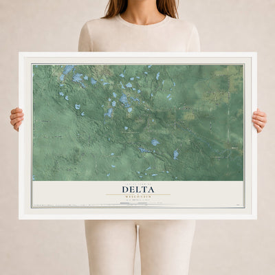 Map of Delta, Wisconsin, 24 x 36 inch print in a white wood frame