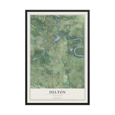 Map of Delton, Wisconsin, 12 x 18 inch print in a black wood frame