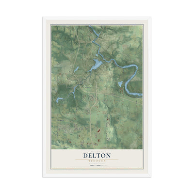Map of Delton, Wisconsin, 12 x 18 inch print in a white wood frame
