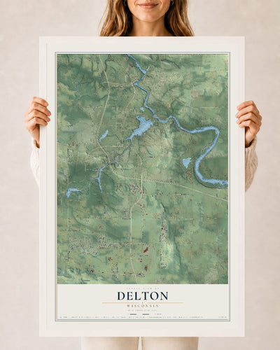Map of Delton, Wisconsin, 24 x 36 inch print in a white wood frame