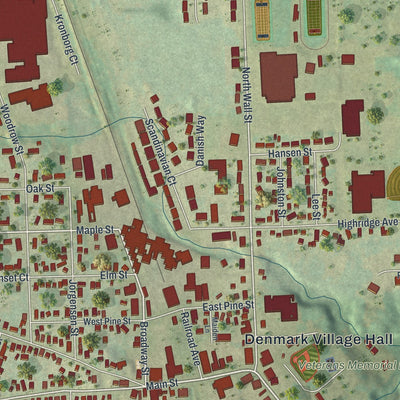 Close-up of the map of Denmark, Wisconsin print showing street and building detail