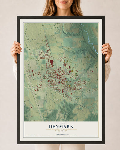 Map of Denmark, Wisconsin, 24 x 36 inch print in a black wood frame