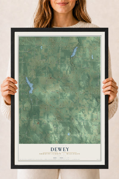 Map of Dewey, Burnett County, Wisconsin, 18 x 24 inch print in a black wood frame