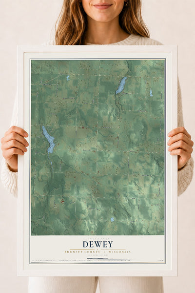 Map of Dewey, Burnett County, Wisconsin, 18 x 24 inch print in a white wood frame