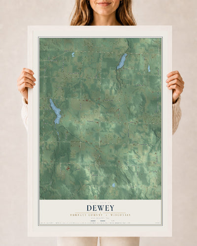 Map of Dewey, Burnett County, Wisconsin, 24 x 36 inch print in a white wood frame