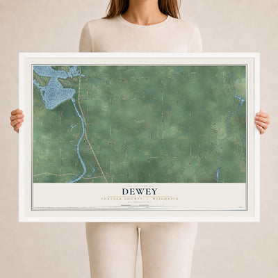 Map of Dewey, Portage County, Wisconsin, 24 x 36 inch print in a white wood frame