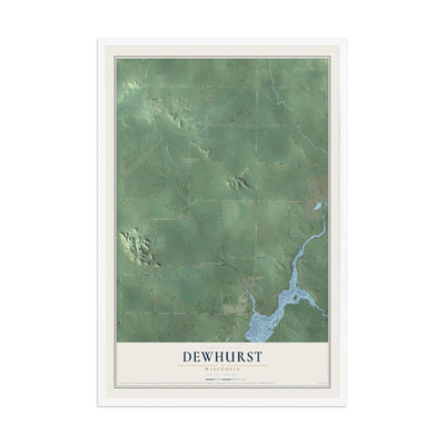 Map of Dewhurst, Wisconsin, 12 x 18 inch print in a white wood frame