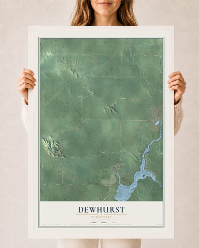 Map of Dewhurst, Wisconsin, 24 x 36 inch print in a white wood frame
