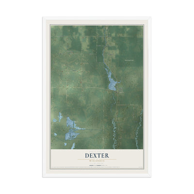Map of Dexter, Wisconsin, 12 x 18 inch print in a white wood frame
