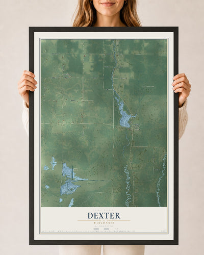 Map of Dexter, Wisconsin, 24 x 36 inch print in a black wood frame