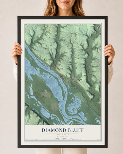 Map of Diamond Bluff, Wisconsin, 24 x 36 inch print in a black wood frame