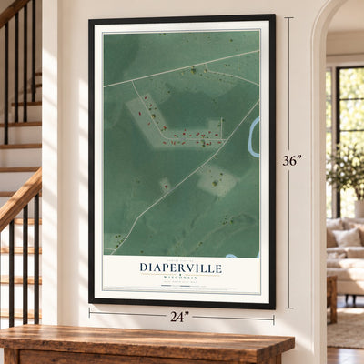 Diaperville, Wisconsin map, 24 x 36 inch print in a black frame by a staircase