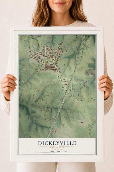 Map of Dickeyville, Wisconsin, 18 x 24 inch print in a white wood frame