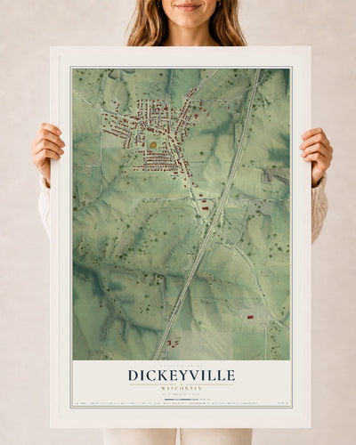 Map of Dickeyville, Wisconsin, 24 x 36 inch print in a white wood frame