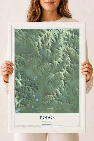 Map of Dodge, Wisconsin, 18 x 24 inch print in a white wood frame