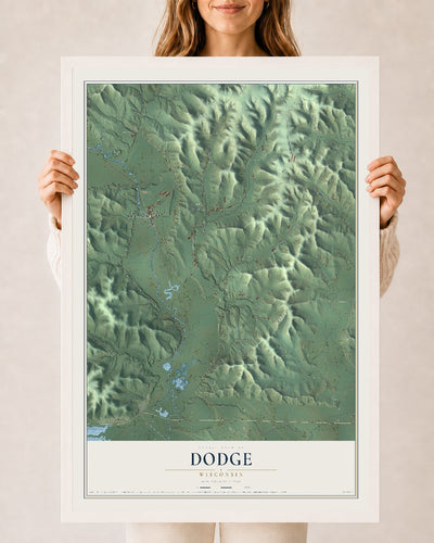 Map of Dodge, Wisconsin, 24 x 36 inch print in a white wood frame