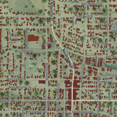 Close-up of the map of Dodgeville, Wisconsin print showing street and building detail