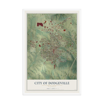Map of Dodgeville, Wisconsin, 12 x 18 inch print in a white wood frame