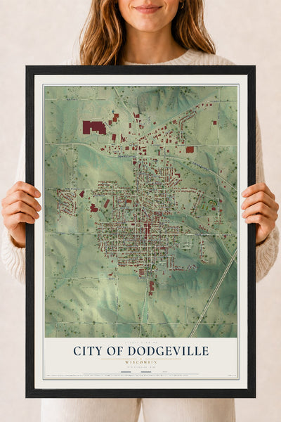 Map of Dodgeville, Wisconsin, 18 x 24 inch print in a black wood frame