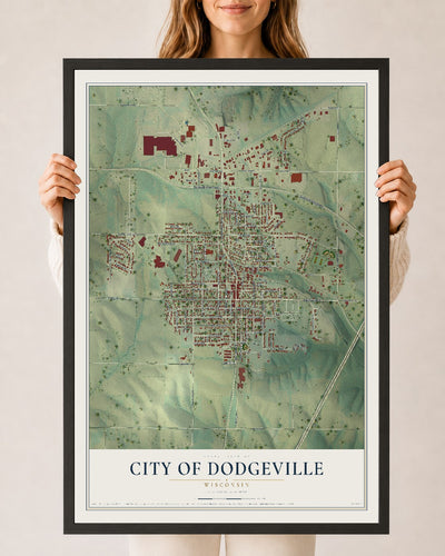 Map of Dodgeville, Wisconsin, 24 x 36 inch print in a black wood frame