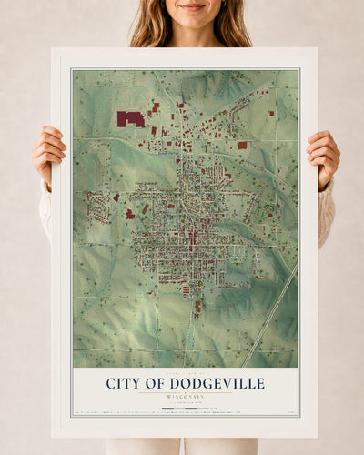 Map of Dodgeville, Wisconsin, 24 x 36 inch print in a white wood frame
