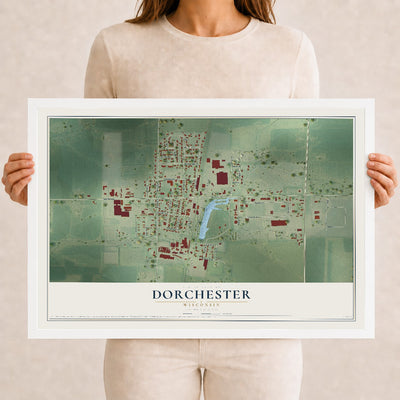 Map of Dorchester, Wisconsin, 12 x 18 inch print in a white wood frame