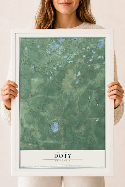 Map of Doty, Wisconsin, 18 x 24 inch print in a white wood frame