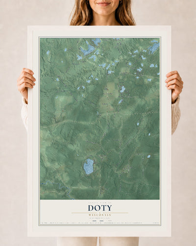 Map of Doty, Wisconsin, 24 x 36 inch print in a white wood frame